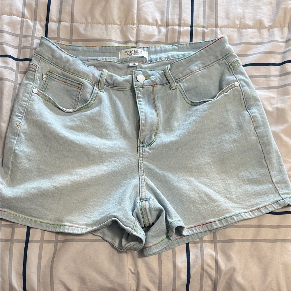 Judy Blue Light Blue Denim Shorts with Rainbow Topstitch